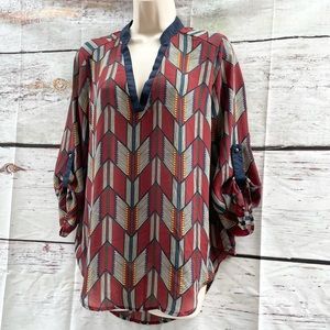 YA LOS ANGELES Southwestern Silk Tunic Blouse M